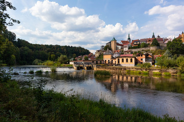 Naklejka na ściany i meble Beautiful view of loket. An medieval czech city with castle framed by the river eger.