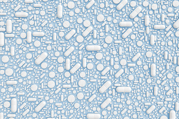 A pattern of many pills scattered on a colored background evenly at different angles. 3D illustration