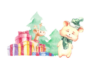 Mouse or rat, symbol 2020 on the background of spruce and a lot of gifts on a white background, Christmas concept.  Watercolor illustration.