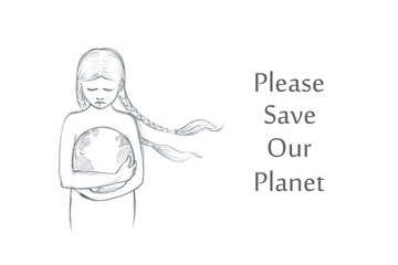 Black and white banner with hand drawn pencil sketch of a girl with long bunches hugging our planet isolated on the white background.