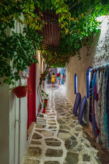 Fototapeta na wymiar Caratteristico vicoletto con bazar turistici nella città vecchia di Naxos, arcipelago delle isole Cicladi GR 