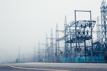 Power plant - transformation station. Multitude of cables and wires