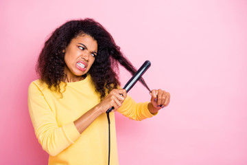 I want straight haircut concept. Close up photo of annoyed irritated with volume thick naturally...