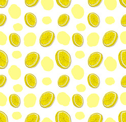 Vector Seamless Pattern with Hand Drawn Lemon Slices on White Background and Abstract Paint Spots, Cute Colorful Illustration.