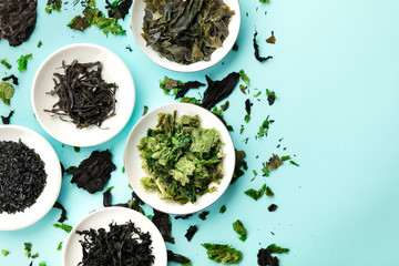 Dry seaweed, sea vegetables, top shot on a light blue background with a place for text © laplateresca