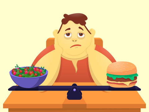 A funny cartoon character is fat, chooses what to eat, a vegetable salad or a delicious meat dish. Vector illustration.