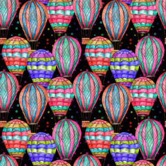 Fototapeta na wymiar Multicolored balloons watercolor seamless pattern on a black