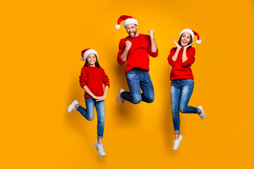 Full length body size photo of cheeerful funky funny excited jump positive charming family with...