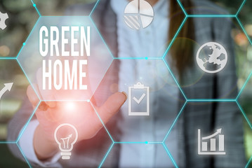 Text sign showing Green Home. Business photo text An area filled with plants and trees where you can relax Female human wear formal work suit presenting presentation use smart device