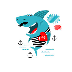 Vector illustration of cartoon shark. poster for children. Life at sea