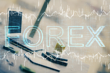 Multi exposure of chart and financial info and work space with computer background. Concept of international online trading.