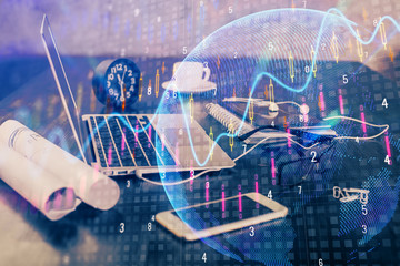 Multi exposure of forex graph and work space with computer. Concept of international online trading.