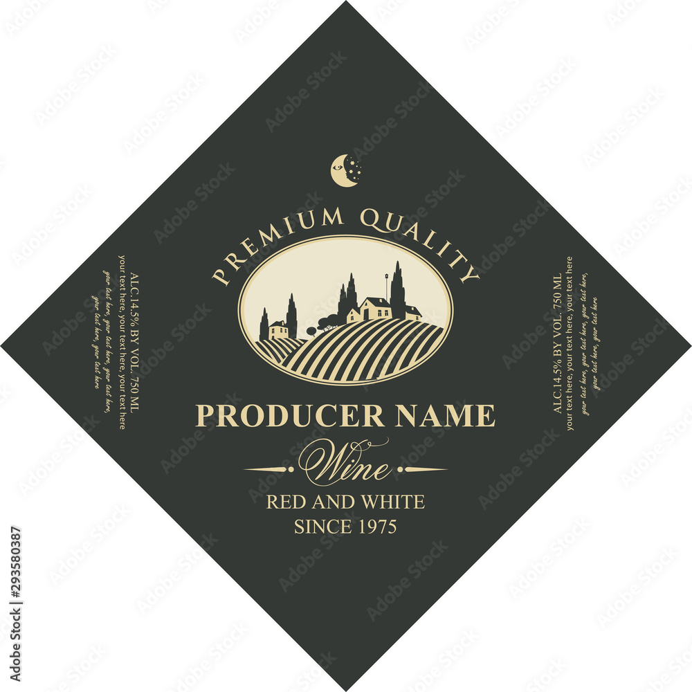 Wall mural Vector diamond shaped label for red and white wine with european rural landscape of vineyards and Italian village in oval frame in retro style.