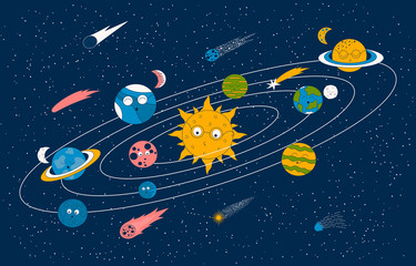 Cartoon solar system pattern with cute earth, moon, sun and planets. Futuristic background with comets and stars. Galaxy wallpaper for kids. © Kirill