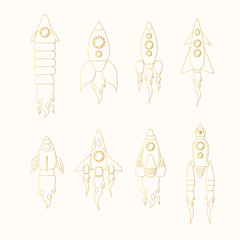 Cartoon set of golden spaceships, rocketships and spacecrafts for astronauts. Gold shuttle for space flights. Futuristic galaxy stickers for kids.