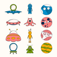 Cartoon set of cute ufo, smiley aliens and planets. Shuttle for space flights. Futuristic cosmic ship, globe and funny monster stickers for kids.
