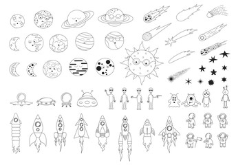 Big collection of line cartoon solar system elements with spaceships, ships and spacecrafts, earth, moon, sun and planets. Futuristic ufo with cute astronauts, aliens, monsters, stars and comets. 