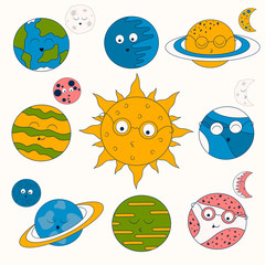 Cute cartoon earth, moon, sun and other planets. Collection with solar system elements for kids.