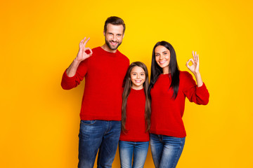 Photo of joyful smiling cheerful cute family showing you ok sign wearing jeans denim smiling toothily being brunette haired isolated over yellow vivid color background
