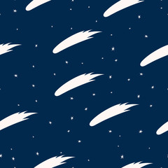 Falling comets and meteors seamless pattern. Shooting stars and sparkles background. Space fabric texture for kids textile.