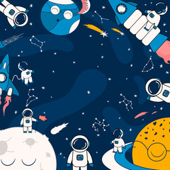 Fototapeta premium Cartoon space frame with astronaut on a spaceship in the outer space with saturn and other planets. Futuristic background with cosmonauts on the moon, comet, stars and constellations. Galaxy border.