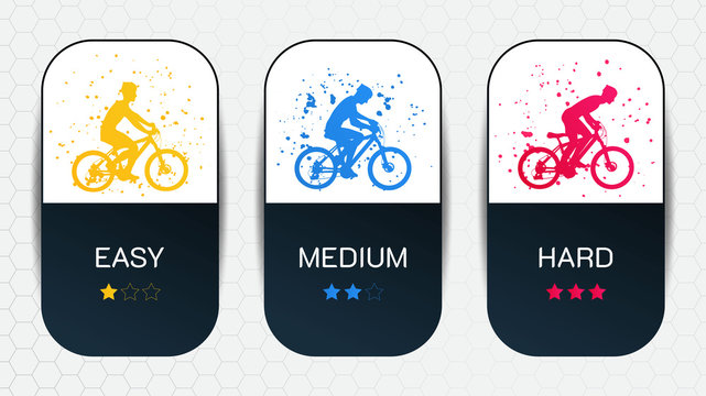 Vector illustration. Minimalistic template with cyclist silhouettes at different speeds. Difficulty levels with stars. Splash of colors. Abstract background. Design game or price table
