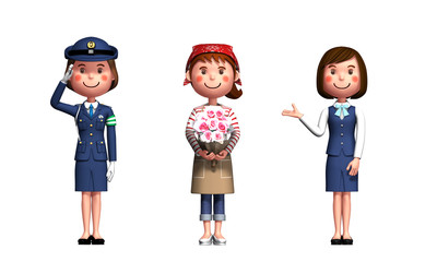 Illustration of a female florist, police officer, office worker in 3d render