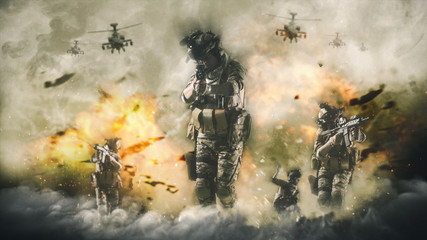 Battlefield war concept, soldiers atack helicopter and explosions - 293582116