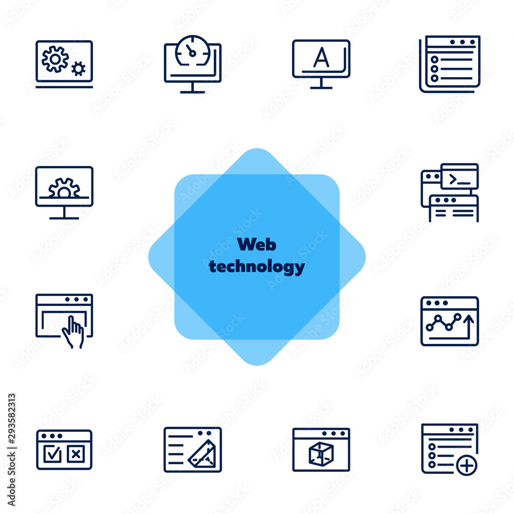 Poster web technology line icon set. information, browser, connection. programming concept. can be used for