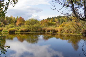 Autumn lake in cloudy weather