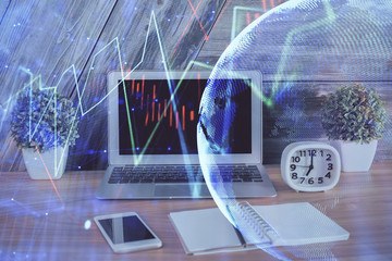 Multi exposure of forex graph and work space with computer. Concept of international online trading.