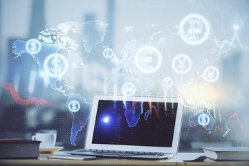 Forex Chart hologram on table with computer background. Double exposure. Concept of financial markets.