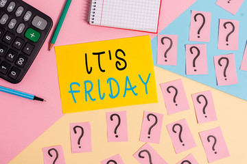 Conceptual hand writing showing It S Friday. Concept meaning Last day of the working week Before Saturday or weekends Mathematics stuff and writing equipment on pastel background