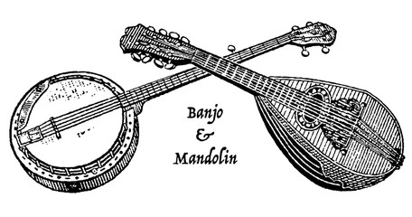 Vintage engraving of a banjo and mandolin