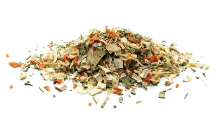 Dry cut and chopped up vegetables mix, spice isolated on white background