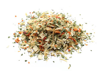 Dry cut and chopped up vegetables mix, spice isolated on white background