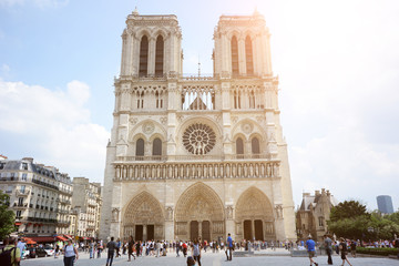 Front view of Notre Dame Cathedral in Paris, France before destruction from fire