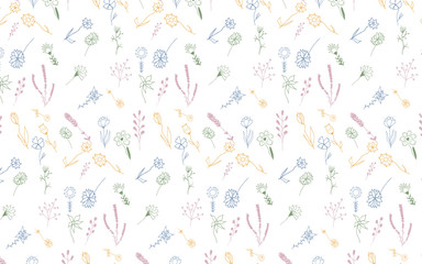 Seamless pattern with hand drawn doodle flowers and leaves. Vector floral illustration for wallpaper. Can be used on card, planner, notebook or fabric
