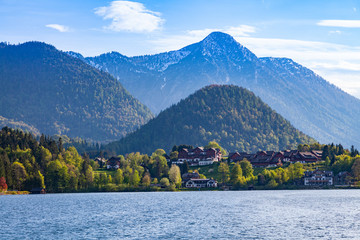 Beautiful view of the alpine lake and mountains. Spring.