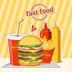Fast food hamburger, tasty set fast food vector