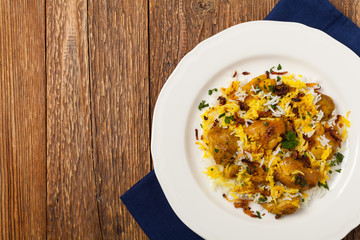 Biryani with chicken. Traditional Indian dish of rice and chicken marinated in spices and yoghurt.