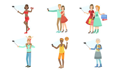 People take pictures of themselves. Set of vector illustrations.