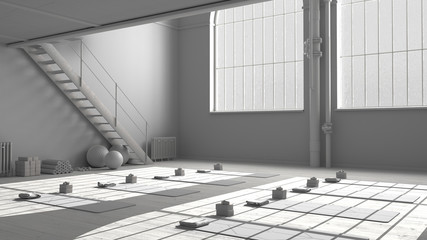 Total white project draft of empty yoga studio interior design, minimal industrial open space with staircase, mats and accessories, parquet and mezzanine, ready for yoga practice