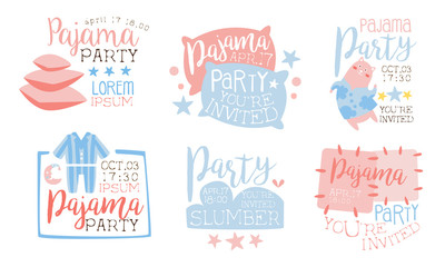 Pajama Party Invitation Card Templates Set, Slumber Party Cute Pink and Blue Labels Vector Illustration