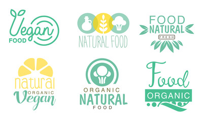 Organic Natural Food Logo Set, Fresh Vegan Food Green Labels Vector Illustration