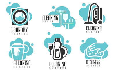 Cleaning and Laundry Services Logo Set, Professional Cleaning Company Labels with Housekeeping Tools and Products Vector Illustration