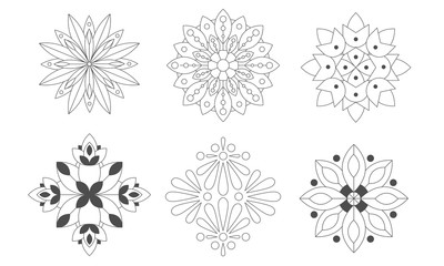 Ornamental Round Graphic Flowers Set, Monochrome Floral Decoration Elements Vector Illustration