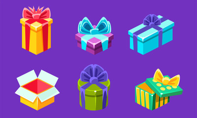 Colorful Gift Boxes with Bows and Ribbons Set, Different Open and Closed Present Boxes Vector Illustration