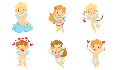 Happy Smiling Baby Angels with Wings Set, Adorable Boys And Girls Cupids Cartoon Characters Vector Illustration