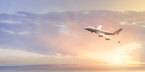 Fototapeta na wymiar Commercial airplane flying in the sky at sunset or sunrise. 3D illustration